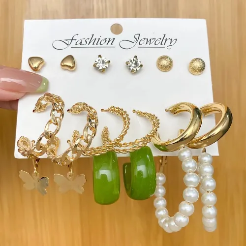 Golden Butterfly Pearl Crystal Earrings Set (9 pairs)